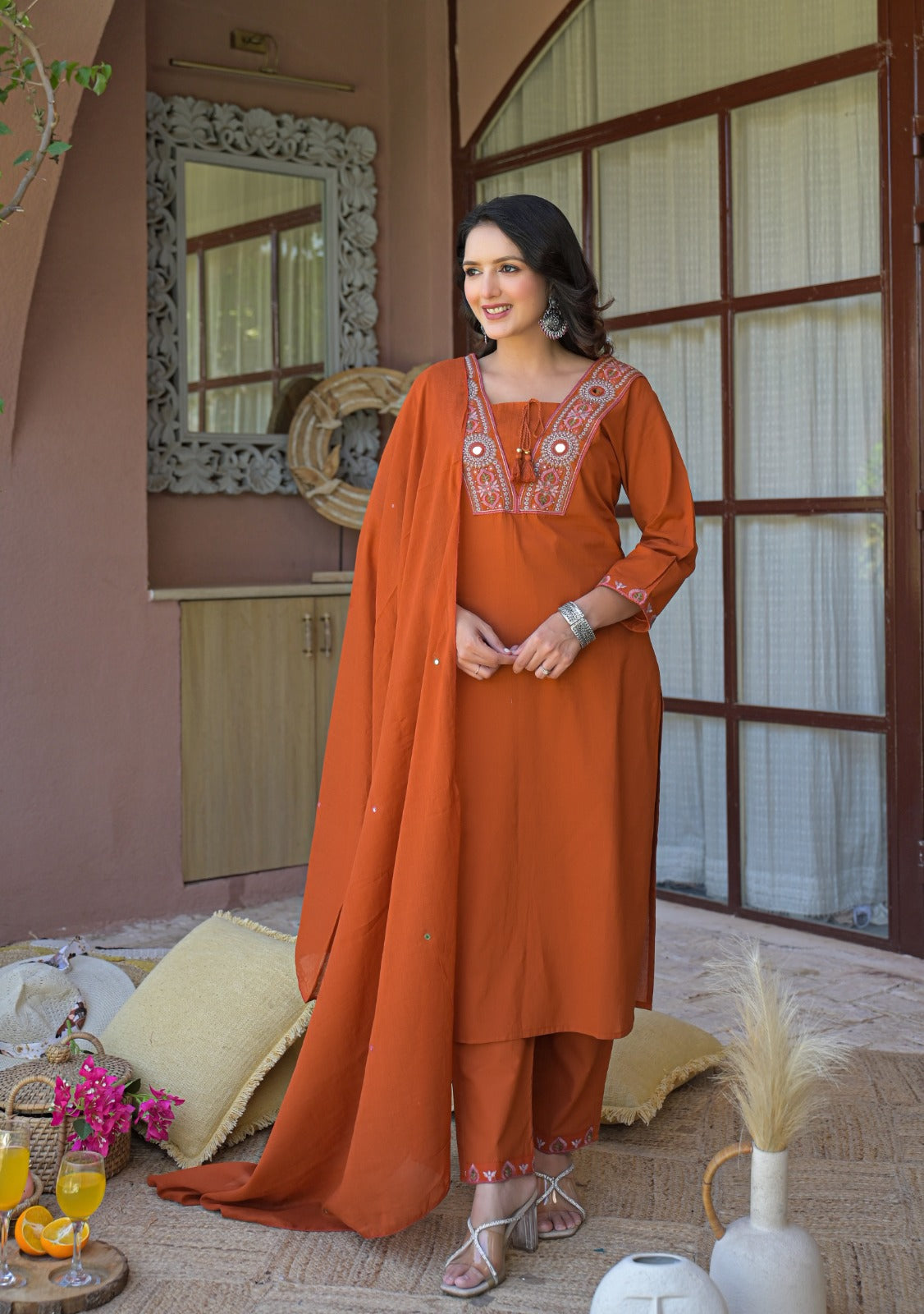 NOOAA Royal Mirror Embroidered Straight Kurta Set with Dupatta| Elegant Women’s Ethnic Wear
