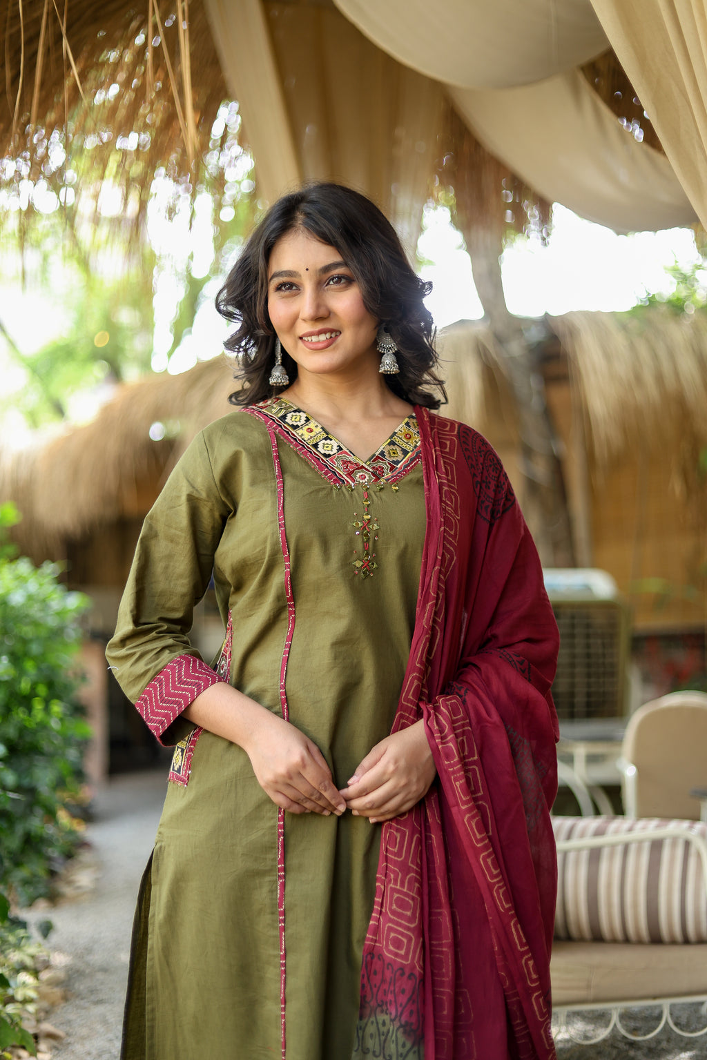 NOOAA Premium Embroidered Straight Suit Set for Women | Ethnic Neck Detailing | Kurta Pant with Printed Dupatta