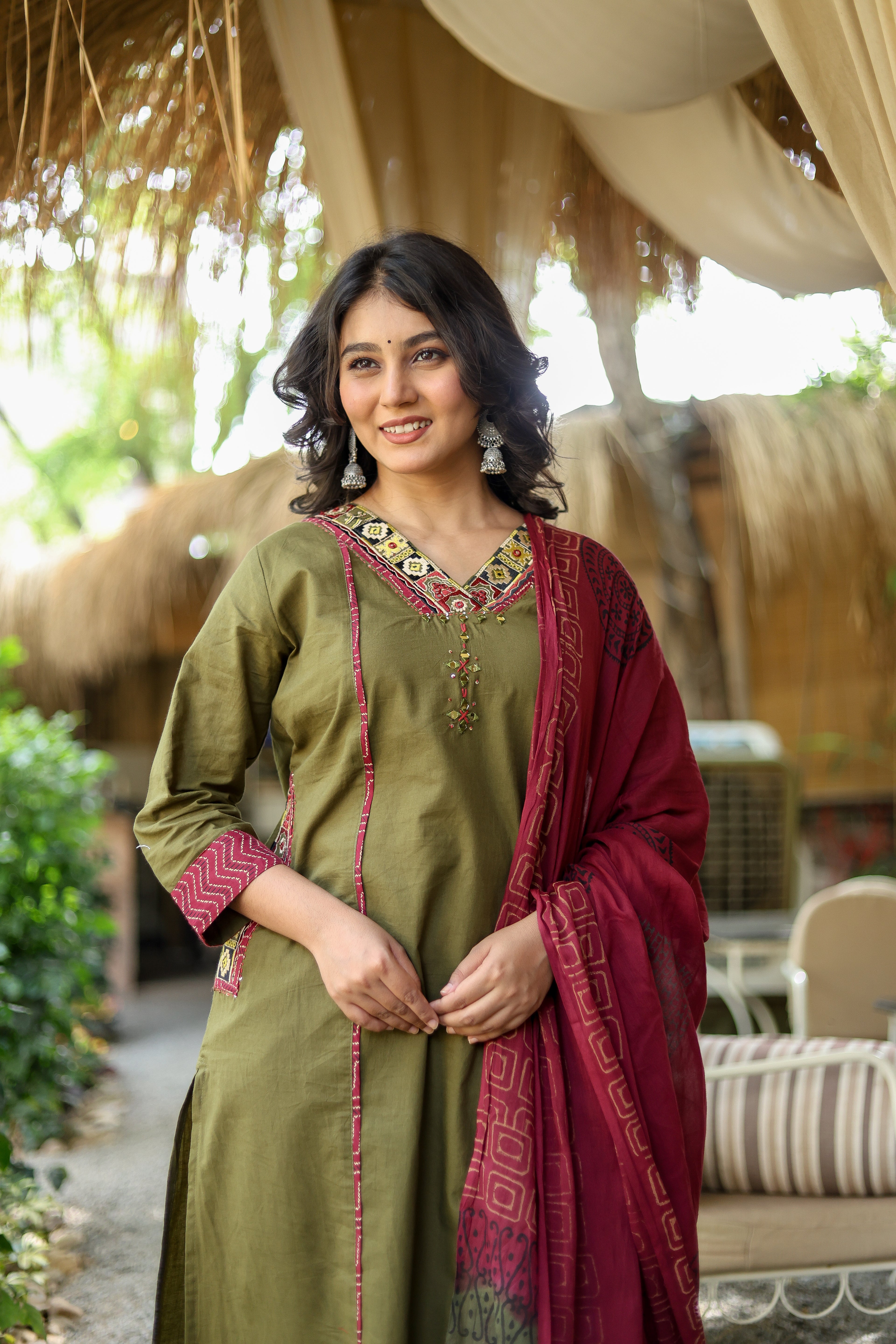 NOOAA Premium Embroidered Straight Suit Set for Women | Ethnic Neck Detailing | Kurta Pant with Printed Dupatta
