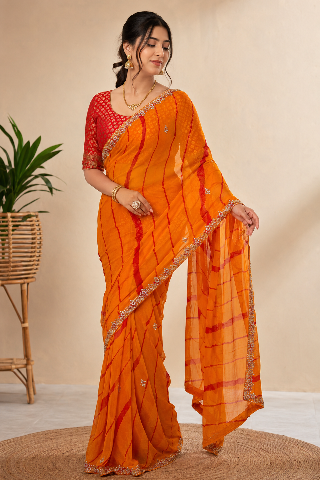 NOOAA Sunlit Leheriya Handwork Chiffon Saree with Designer Blouse(Orange, Navy Blue, Red, Teal Rama, Green, Pink )