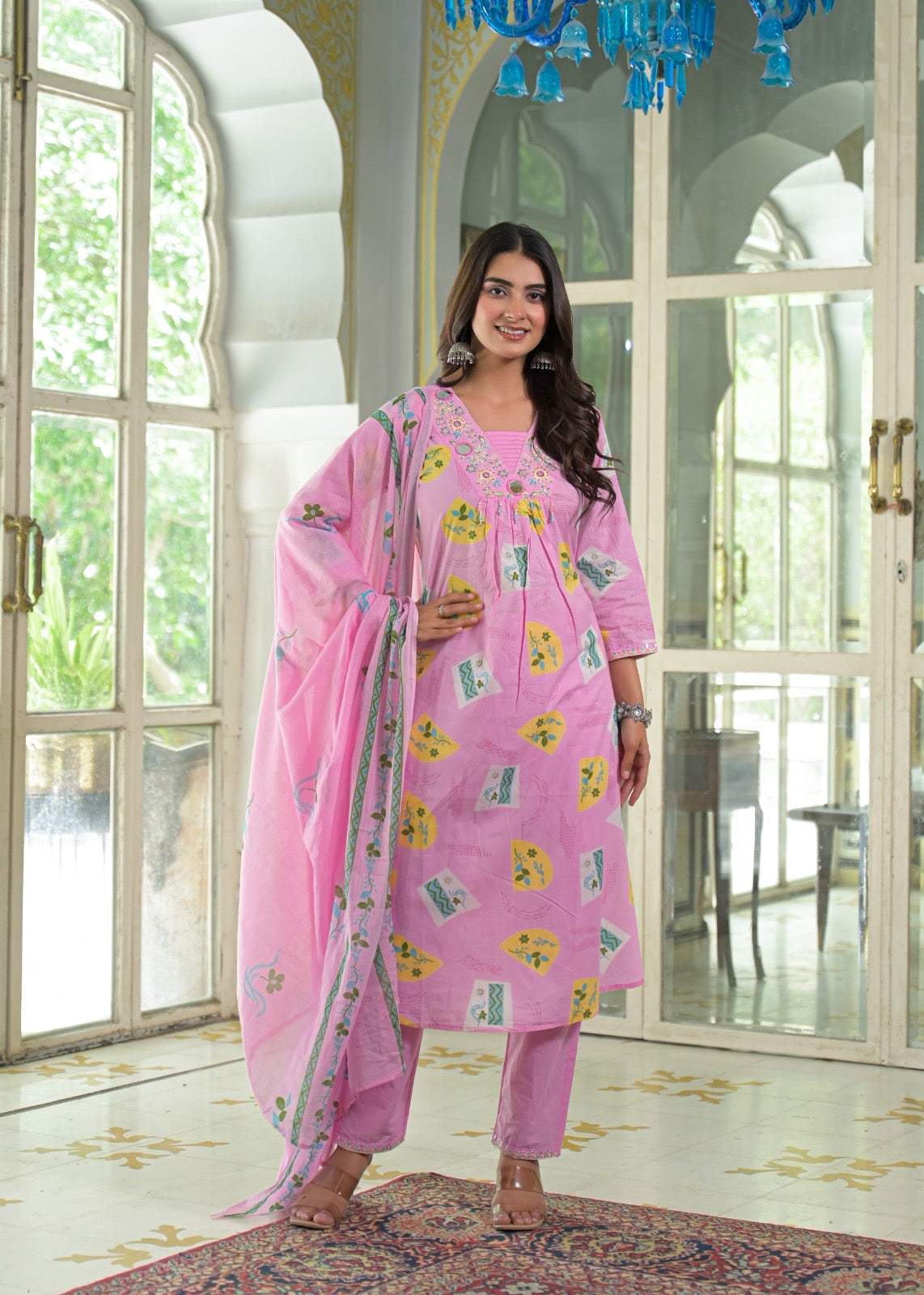 NOOAA Viraa Printed Straight Kurta Set with Embroidered Yoke & Dupatta