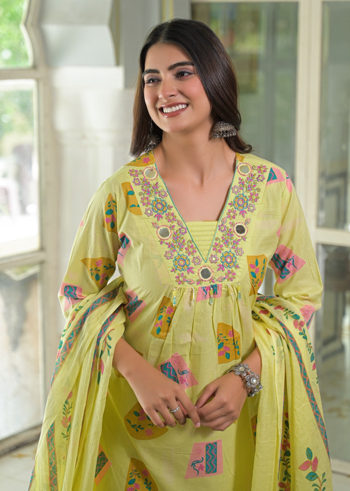 NOOAA Viraa Printed Straight Kurta Set with Embroidered Yoke & Dupatta