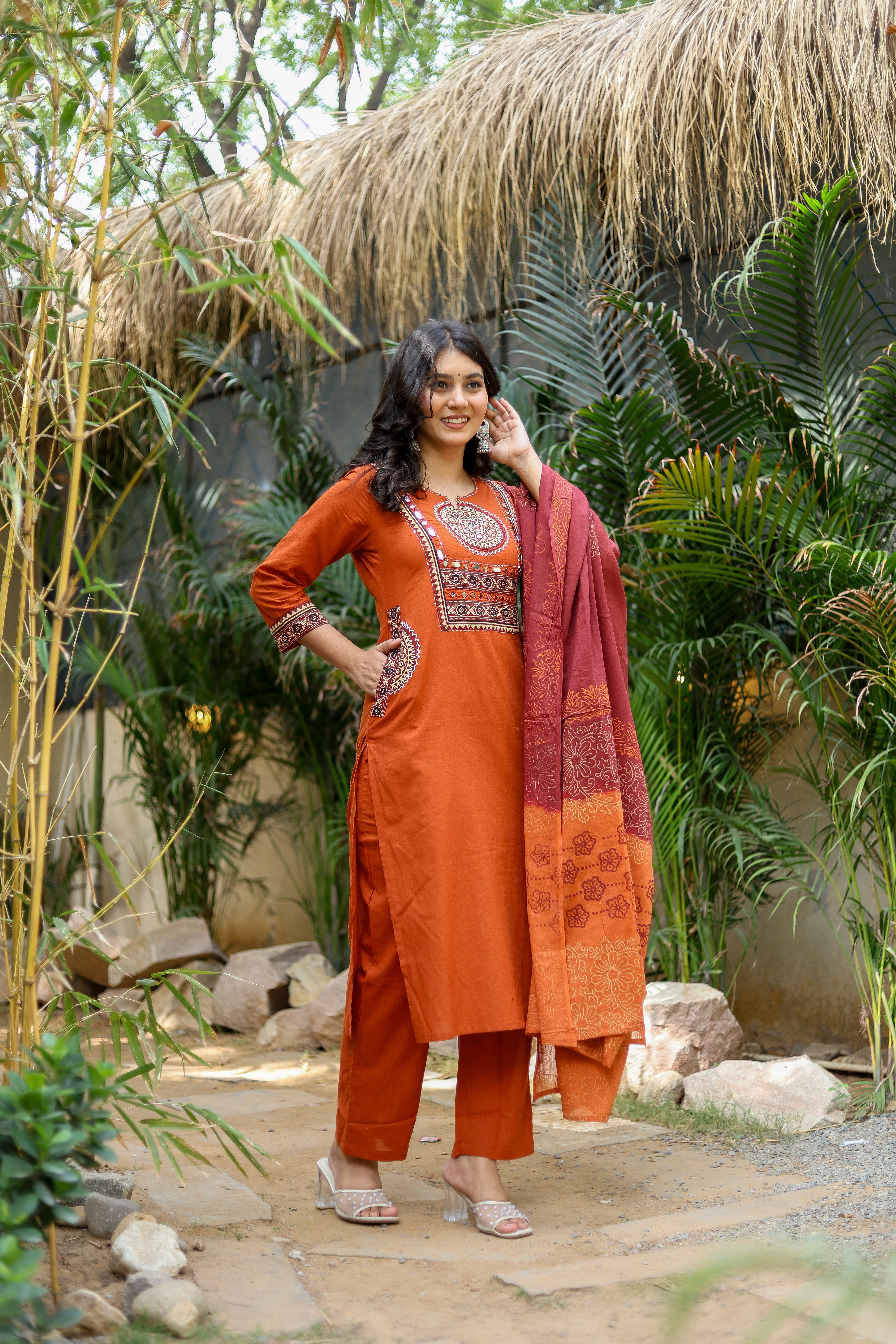 NOOAA Premium Mirror Work Straight Suit Set | Ethnic Printed Dupatta | Kurta Pant Set for Women