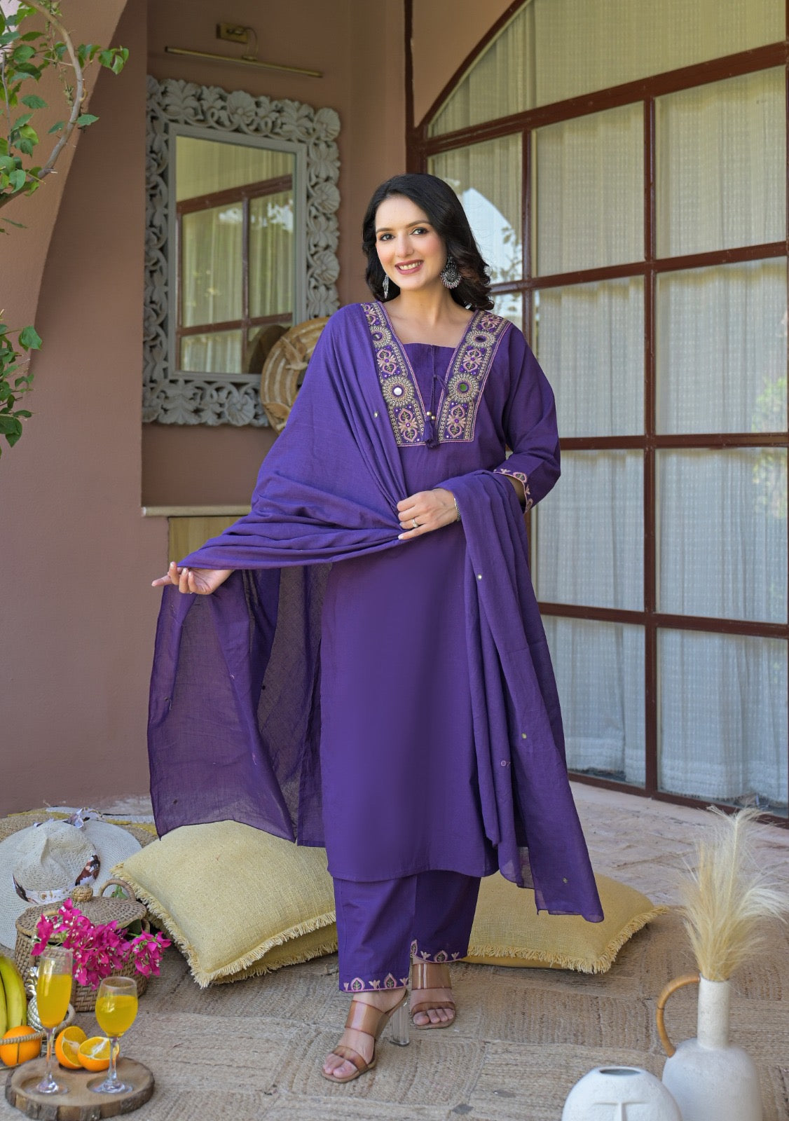 NOOAA Royal Mirror Embroidered Straight Kurta Set with Dupatta| Elegant Women’s Ethnic Wear