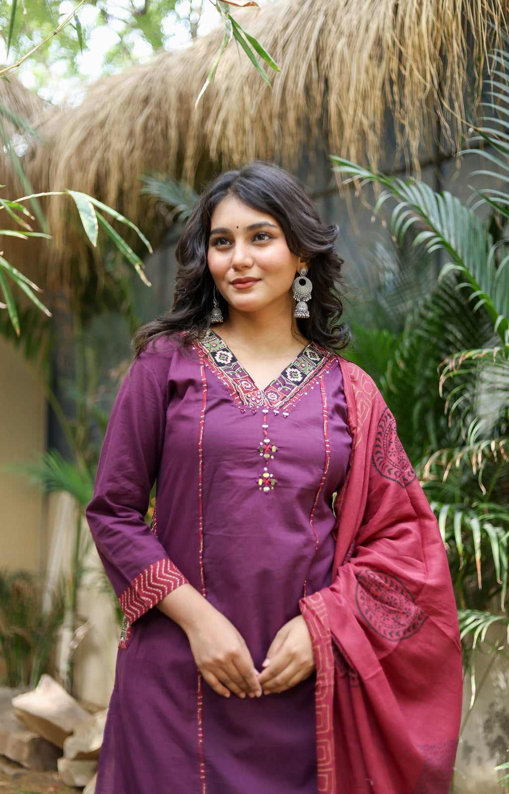 NOOAA Premium Embroidered Straight Suit Set for Women | Ethnic Neck Detailing | Kurta Pant with Printed Dupatta