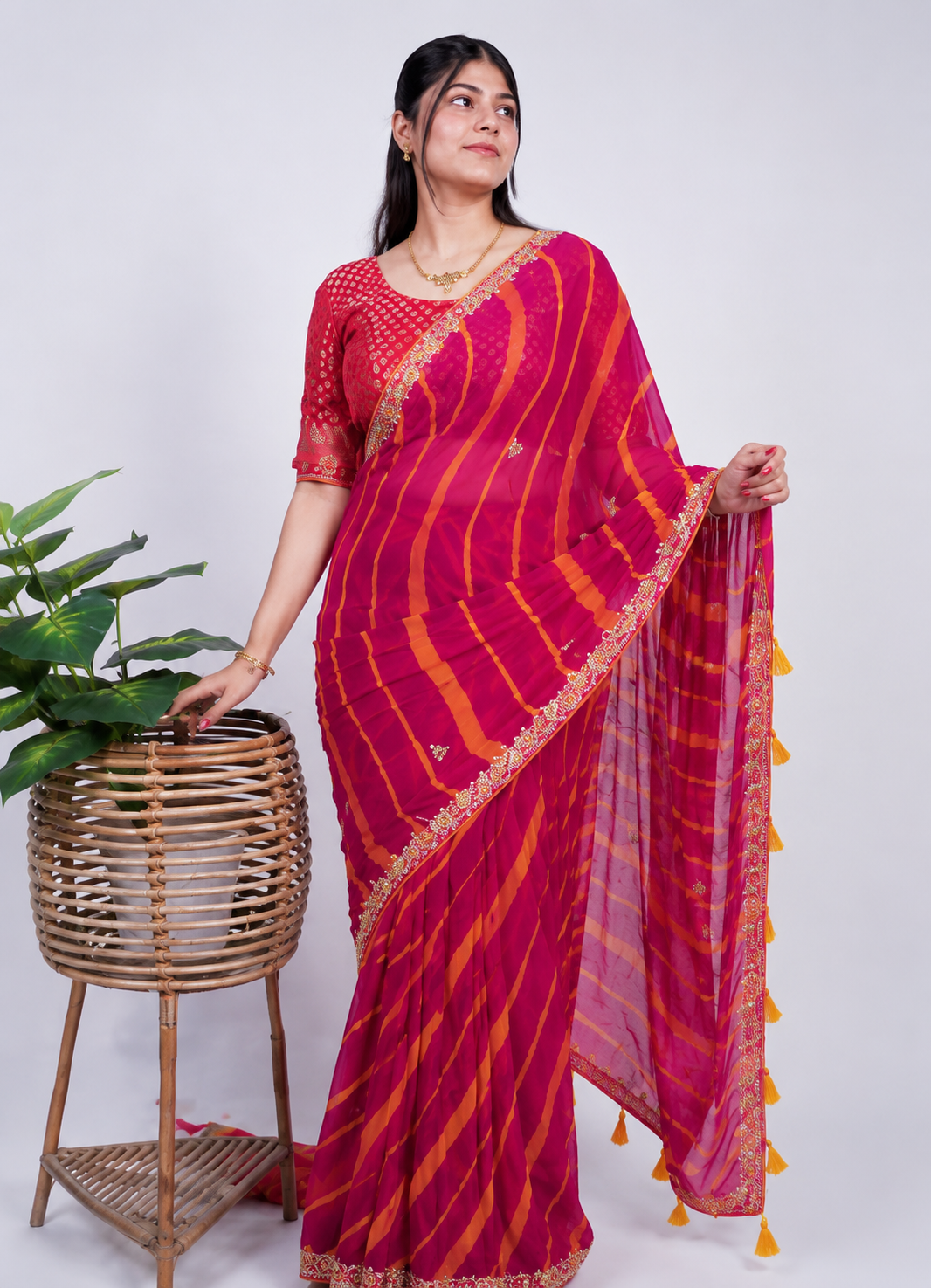 NOOAA Sunlit Leheriya Handwork Chiffon Saree with Designer Blouse(Orange, Navy Blue, Red, Teal Rama, Green, Pink )