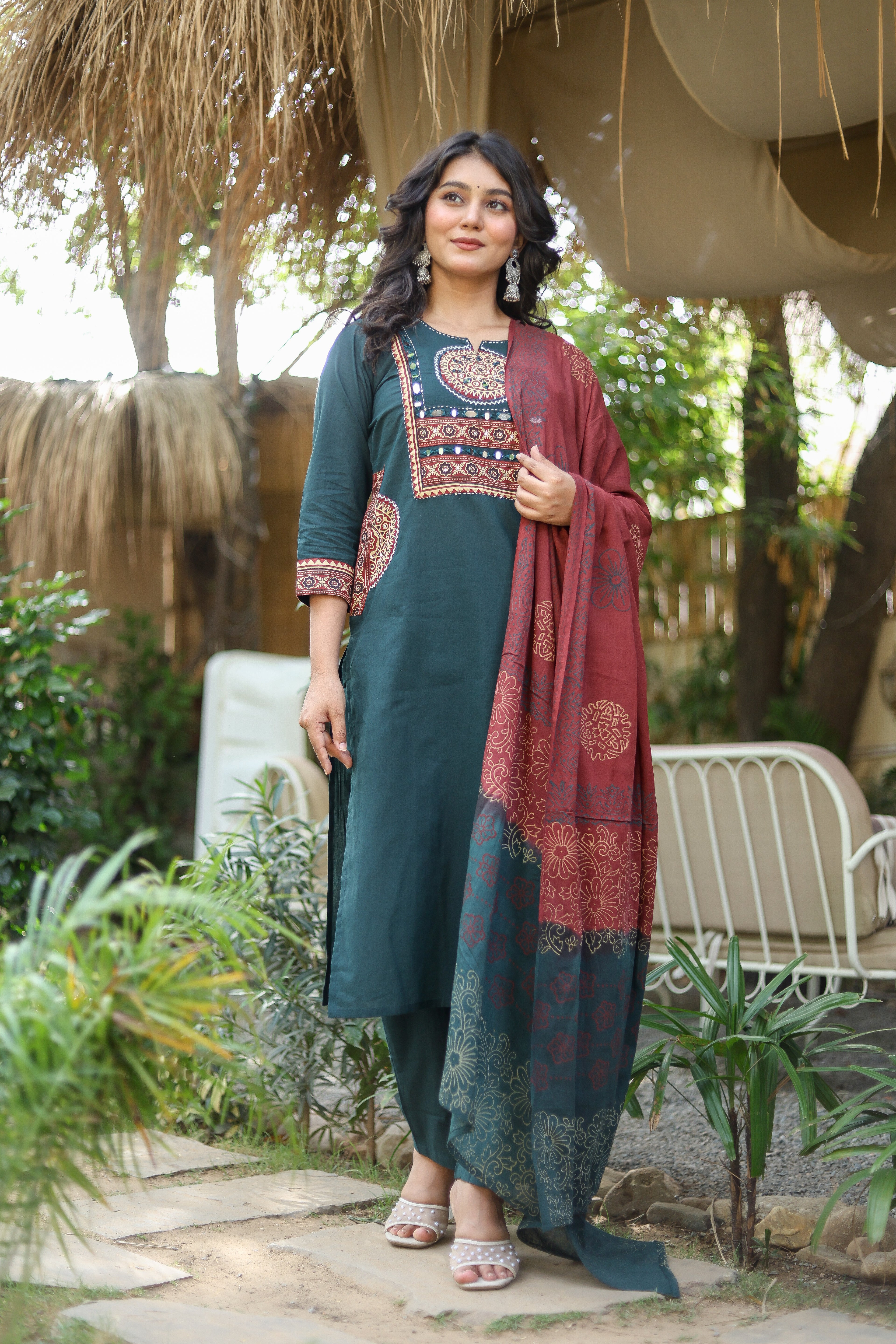 NOOAA Premium Mirror Work Straight Suit Set | Ethnic Printed Dupatta | Kurta Pant Set for Women