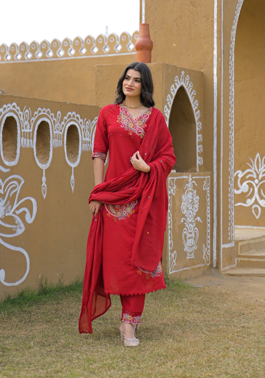 Premium Mal Cotton Embroidered Suit Set with Dupatta – The Nooaa Collection