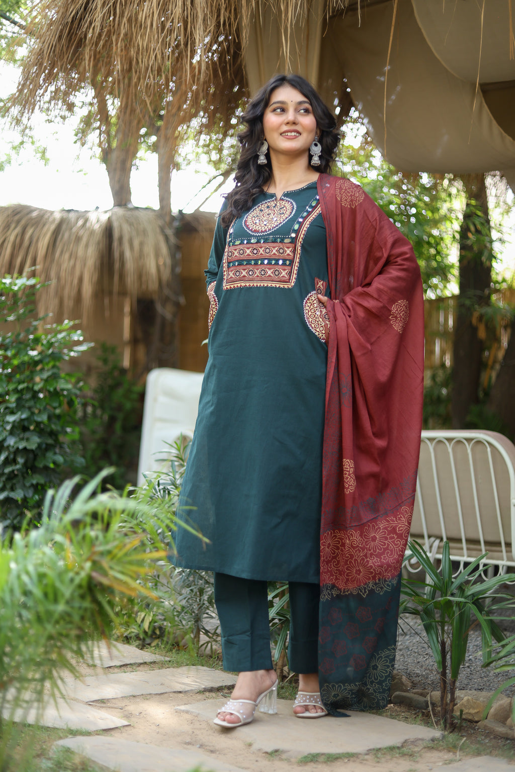 NOOAA Premium Mirror Work Straight Suit Set | Ethnic Printed Dupatta | Kurta Pant Set for Women