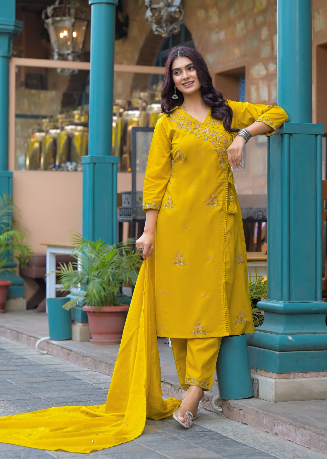 NOOAA Premium Embroidered Cotton Blend Suit Set for Women | Handcrafted Floral Embroidery | Kurta Pant with Dupatta