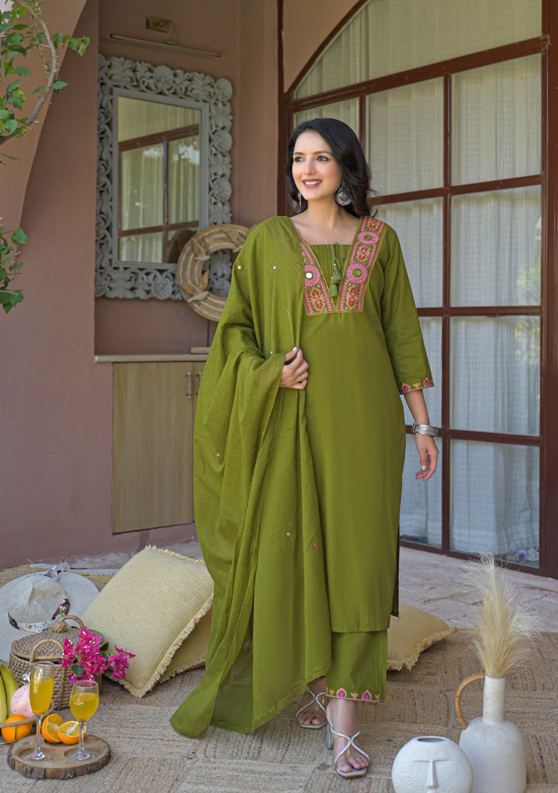 NOOAA Royal Mirror Embroidered Straight Kurta Set with Dupatta| Elegant Women’s Ethnic Wear