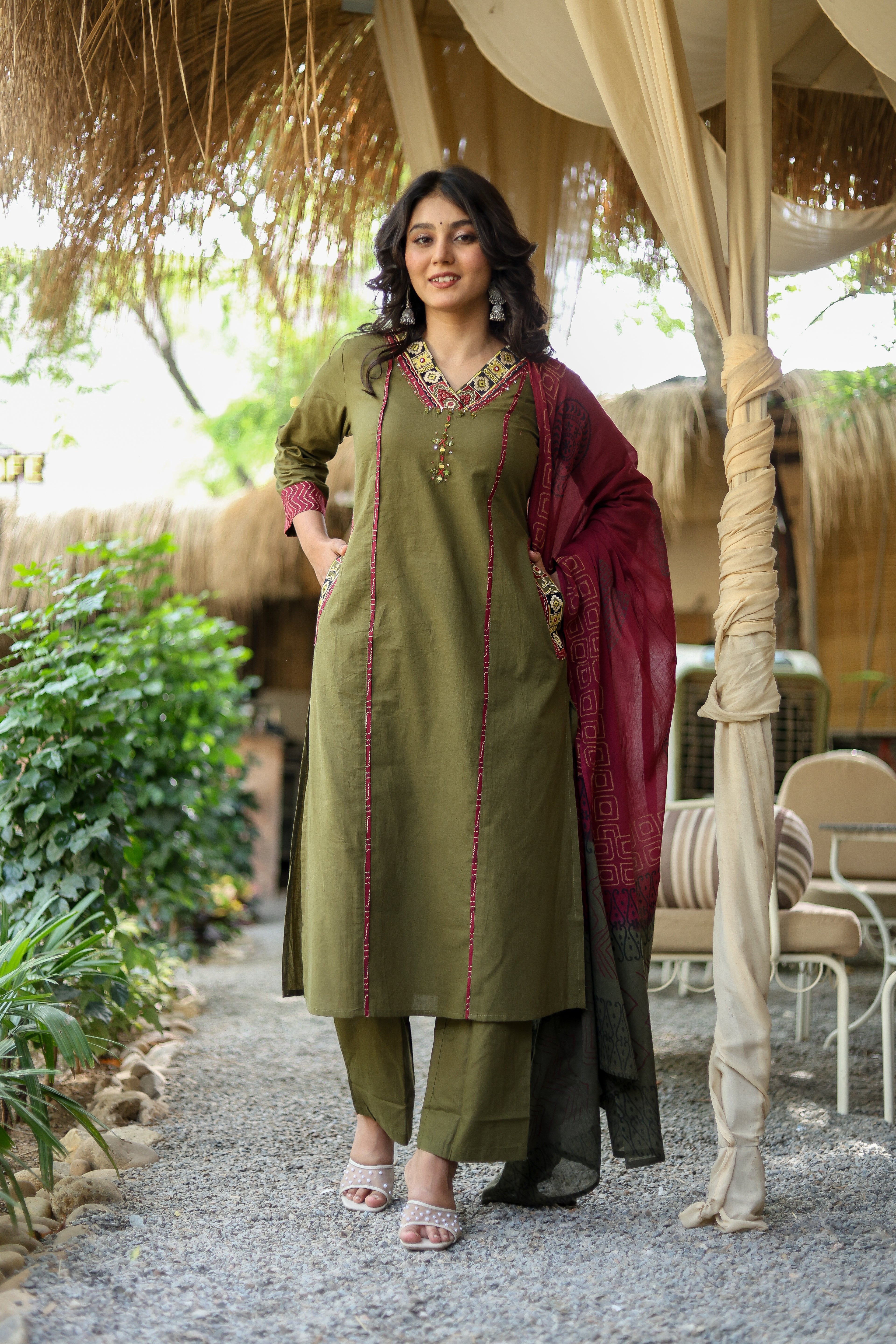 NOOAA Premium Embroidered Straight Suit Set for Women | Ethnic Neck Detailing | Kurta Pant with Printed Dupatta