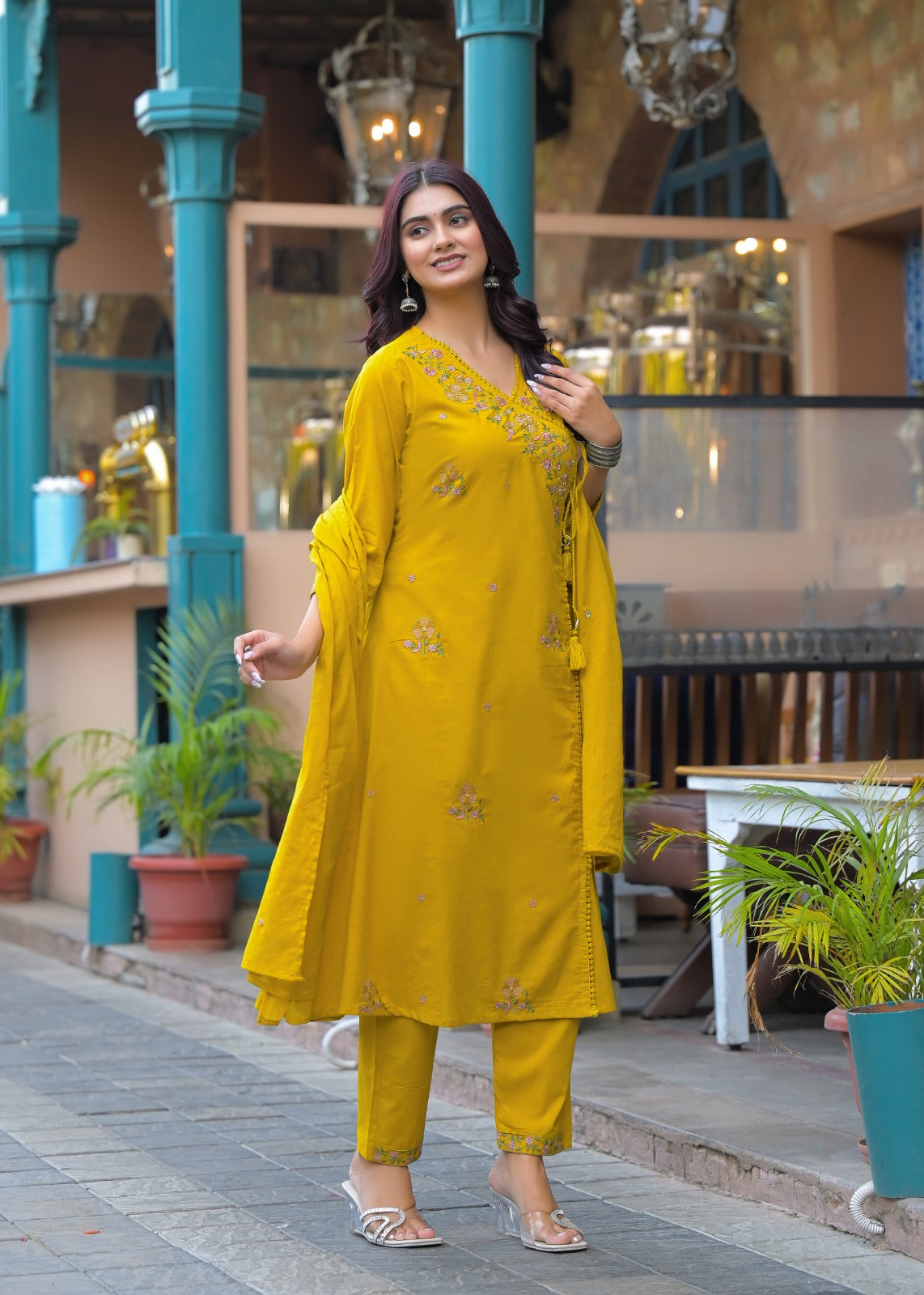 NOOAA Premium Embroidered Cotton Blend Suit Set for Women | Handcrafted Floral Embroidery | Kurta Pant with Dupatta