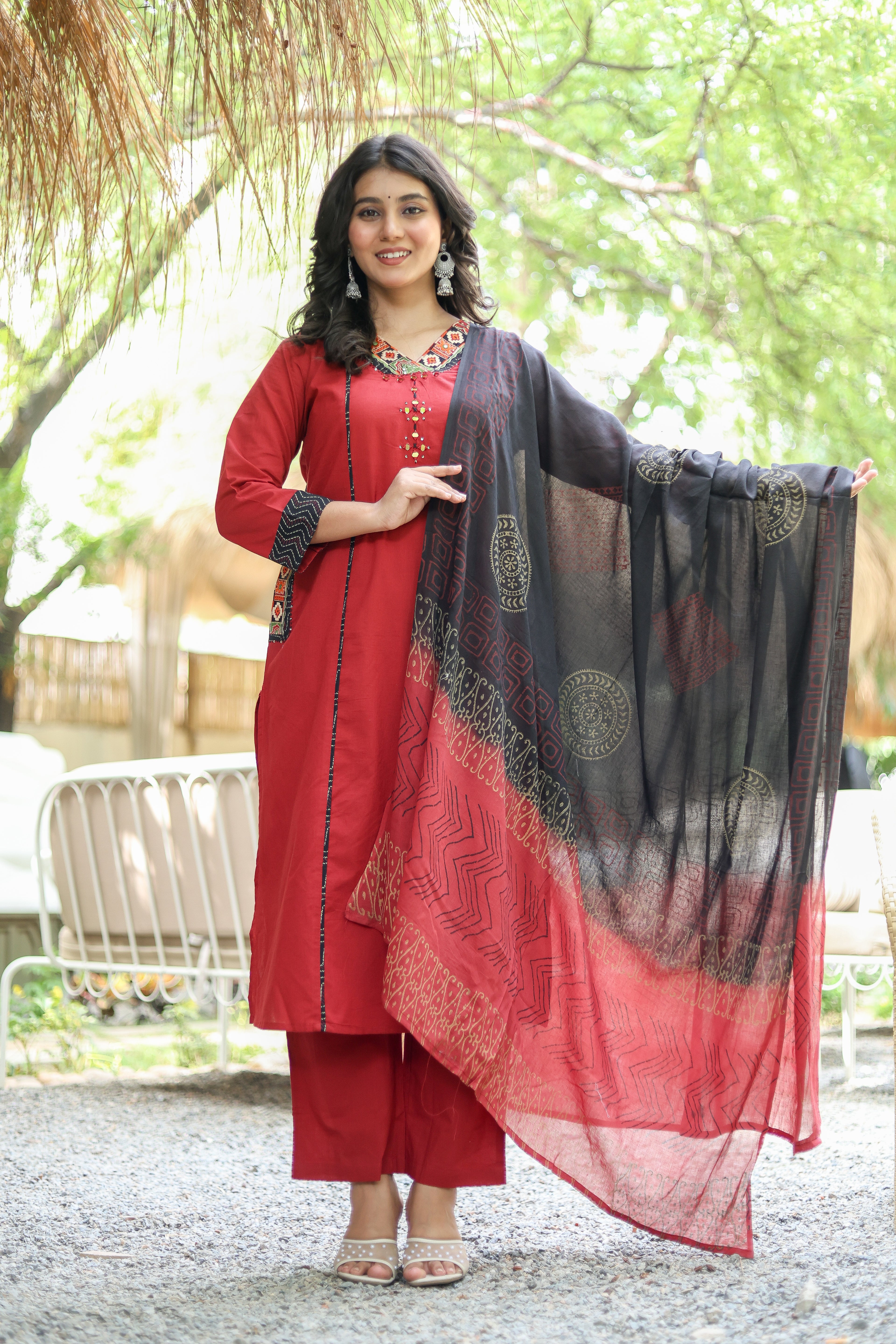 NOOAA Premium Embroidered Straight Suit Set for Women | Ethnic Neck Detailing | Kurta Pant with Printed Dupatta