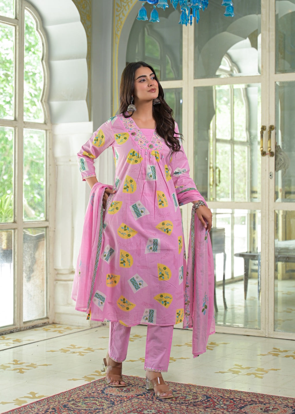 NOOAA Viraa Printed Straight Kurta Set with Embroidered Yoke & Dupatta