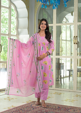 NOOAA Viraa Printed Straight Kurta Set with Embroidered Yoke & Dupatta