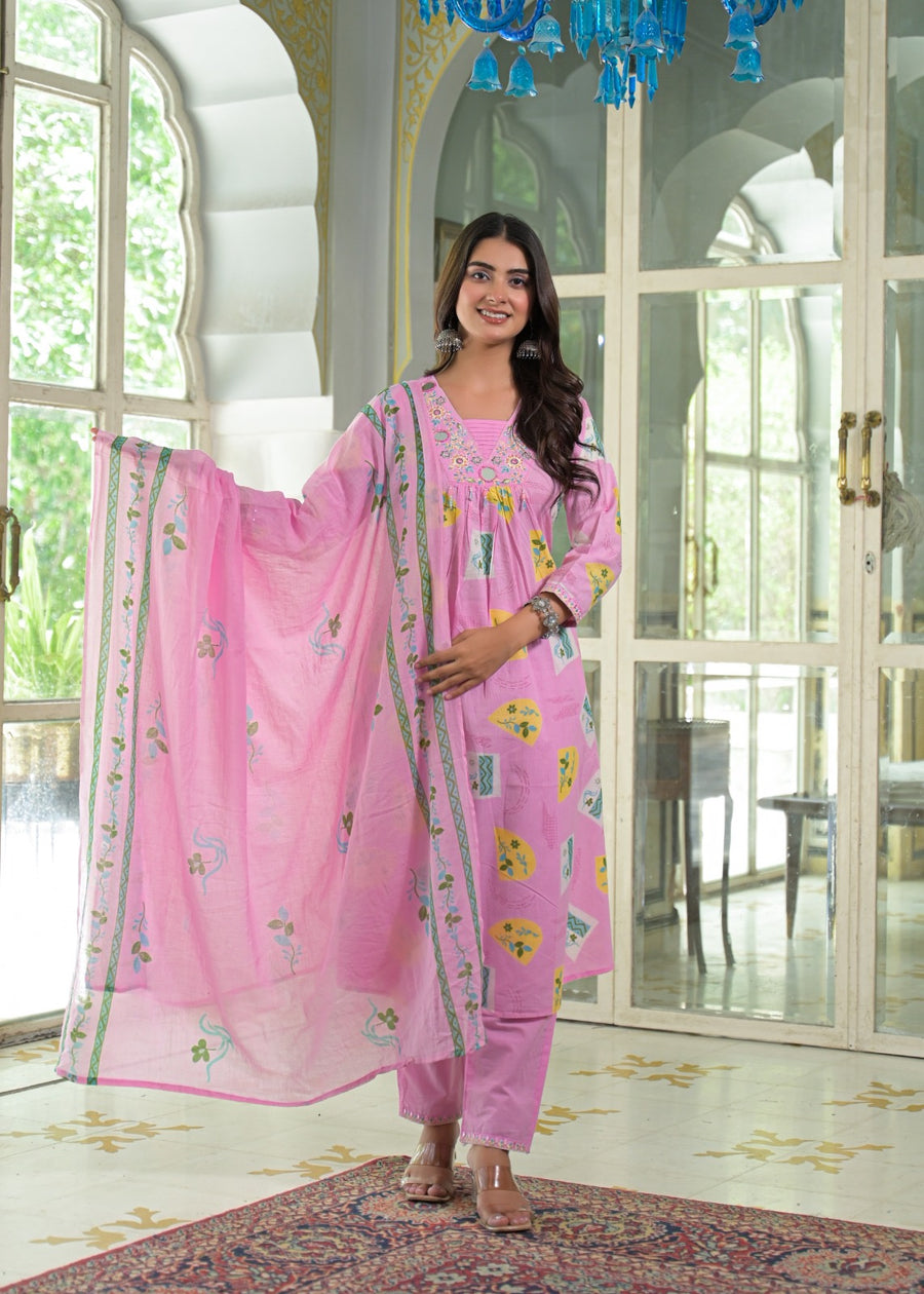 NOOAA Viraa Printed Straight Kurta Set with Embroidered Yoke & Dupatta